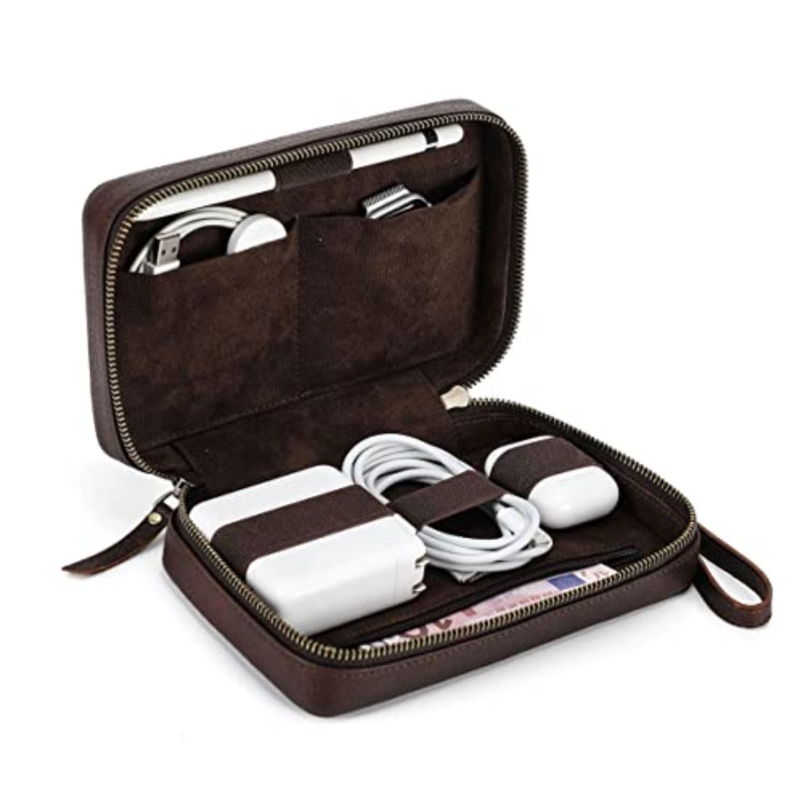Tech Accessories Box - Full Grain Leather Electronic Organizer Travel